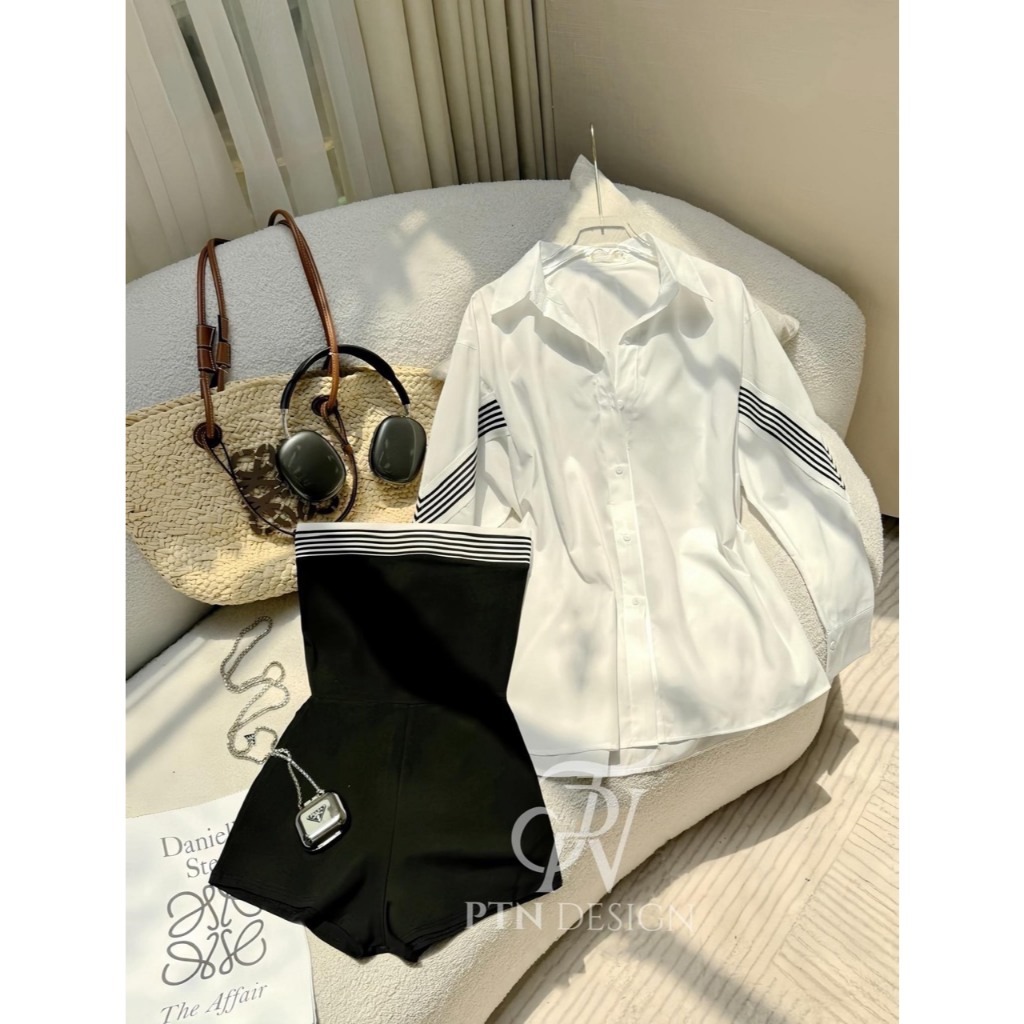 Set Bộ Đồ Nữ 2 Món Bikini Jumpsuit Body Cúp Ngực Viền Kẻ Dáng Đùi Ngắn Mix Sơ Mi Lụa Dài Tay Phối Kẻ Freesize | BigBuy360 - bigbuy360.vn