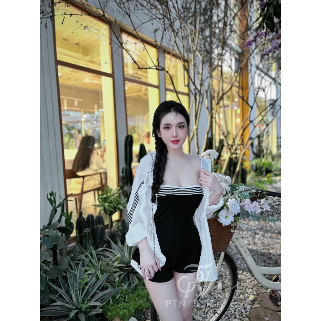 Set Bộ Đồ Nữ 2 Món Bikini Jumpsuit Body Cúp Ngực Viền Kẻ Dáng Đùi Ngắn Mix Sơ Mi Lụa Dài Tay Phối Kẻ Freesize | BigBuy360 - bigbuy360.vn