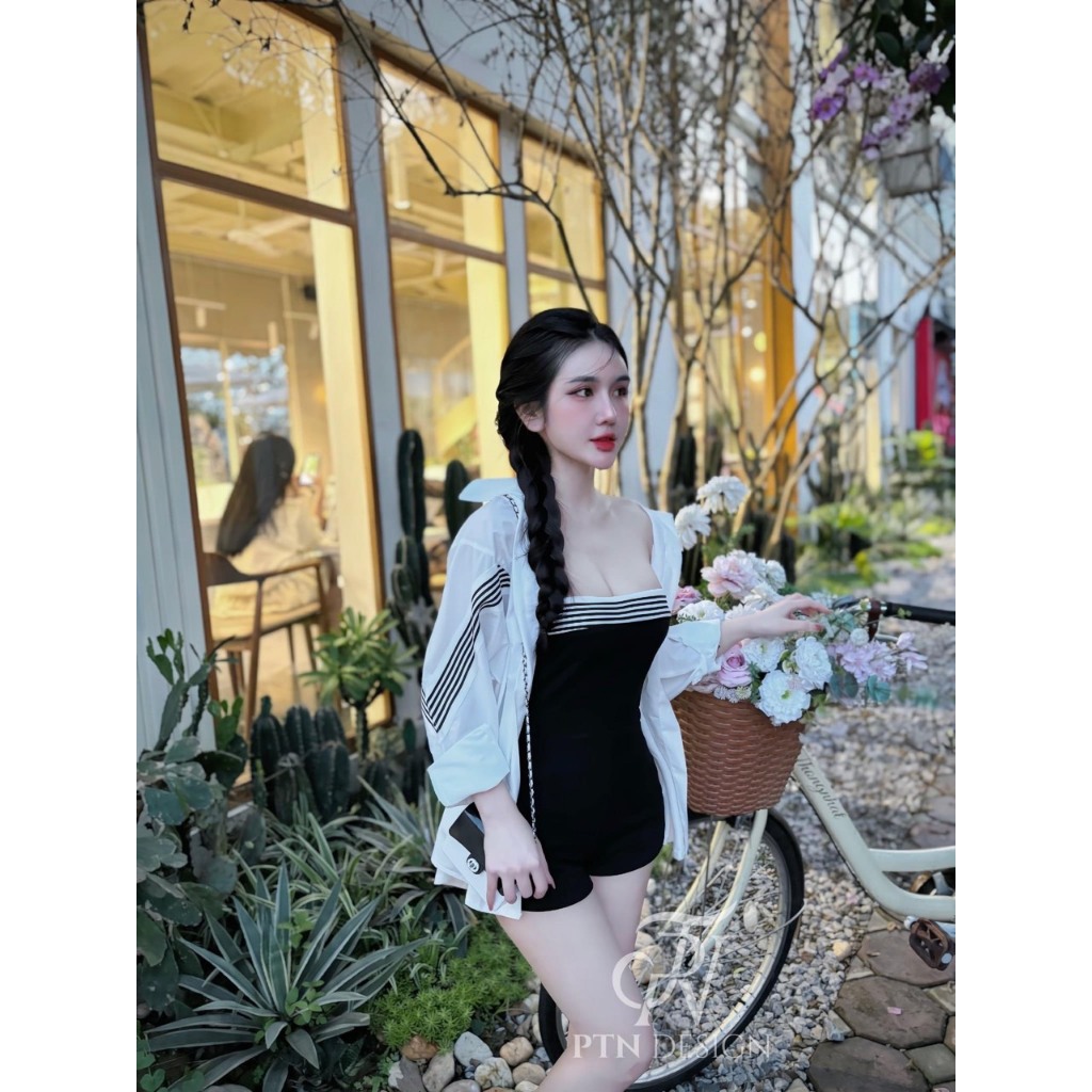 Set Bộ Đồ Nữ 2 Món Bikini Jumpsuit Body Cúp Ngực Viền Kẻ Dáng Đùi Ngắn Mix Sơ Mi Lụa Dài Tay Phối Kẻ Freesize | BigBuy360 - bigbuy360.vn