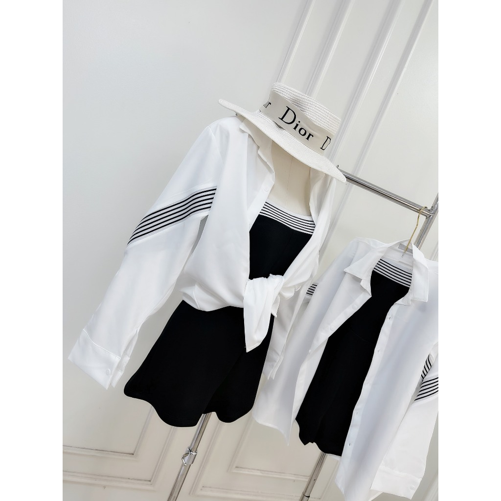 Set Bộ Đồ Nữ 2 Món Bikini Jumpsuit Body Cúp Ngực Viền Kẻ Dáng Đùi Ngắn Mix Sơ Mi Lụa Dài Tay Phối Kẻ Freesize | BigBuy360 - bigbuy360.vn