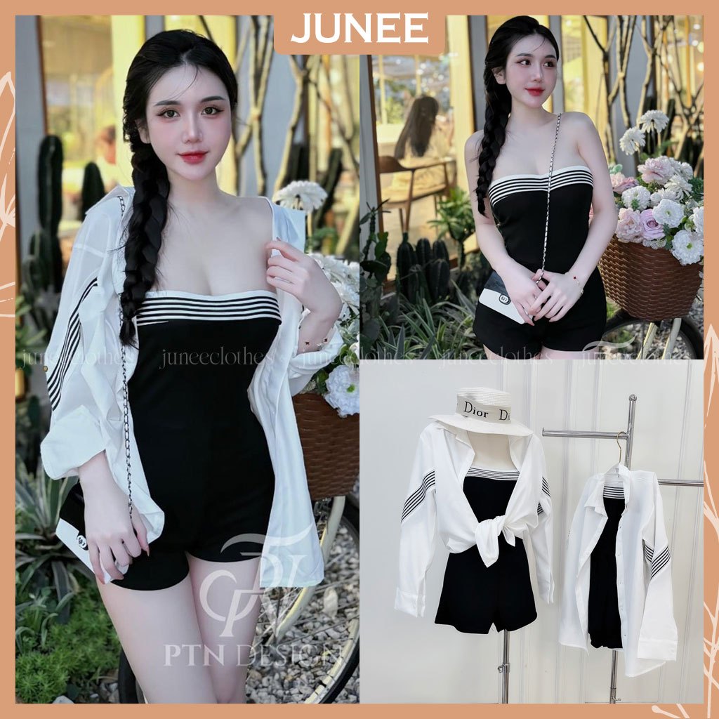 Set Bộ Đồ Nữ 2 Món Bikini Jumpsuit Body Cúp Ngực Viền Kẻ Dáng Đùi Ngắn Mix Sơ Mi Lụa Dài Tay Phối Kẻ Freesize | BigBuy360 - bigbuy360.vn