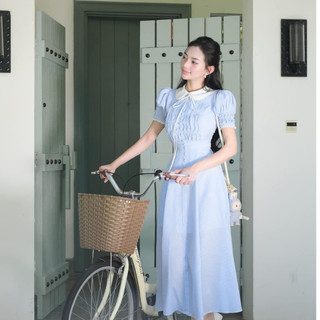 Đầm váy tiểu thư kẻ xanh dáng dài , Váy cộc tay cổ bèo phối trắng đi làm đi chơi sang chảnh thiết kế TỰ MAY LẠI