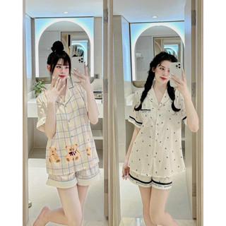 Bộ Gấu Kẻ kem, nơ nhỏ lụa xước đùi