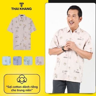Áo sơ mi nam ngắn tay họa tiết  trung niên THÁI KHANG form rộng vải đũi mềm mát hoạ tiết chìm ADUI18