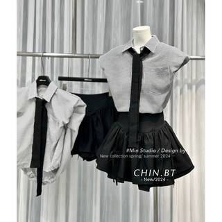 set dạo phố,set áo sơmi kẻ cổ đức chân váy bồng xinh BT