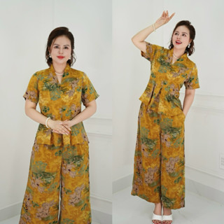 Ms30  Set Đồ bộ trung niên cách điệu cho mẹ, áo có cổ, quần ống rộng, quần giả váy, chất lụa nhập