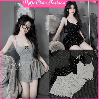 Set bộ 2 dây đính nơ họa tiết kèm quần đùi xòe chất tăm lạnh mát mịn form 38-54kg