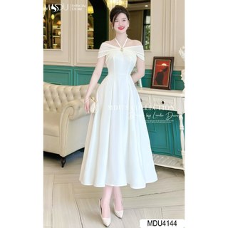Váy Tiểu Thư MDU4144 Dáng Xòe Trễ Vai, Chất Liệu Tơ Hàn Phối Nhũ Cao Cấp Từ MDU