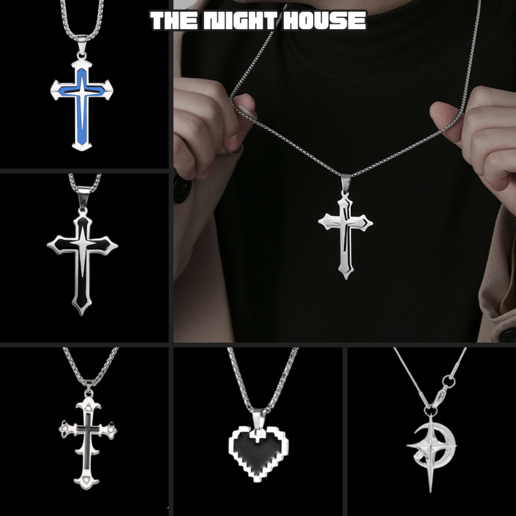 Vòng Cổ Nam Bằng Thép Titan Không Gỉ Mặt Thánh Giá Màu Bạc Thời Trang Hiphop Y2K- Vòng Cổ Tổng Hợp The Night House