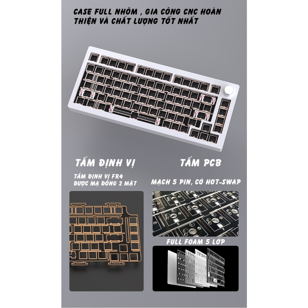 Bàn phím cơ Silent Atas AL75 V2 Khung nhôm CNC 3 mode kết nối - Led RGB - Pin sạc 4000 mah - Mạch xuôi | BigBuy360 - bigbuy360.vn