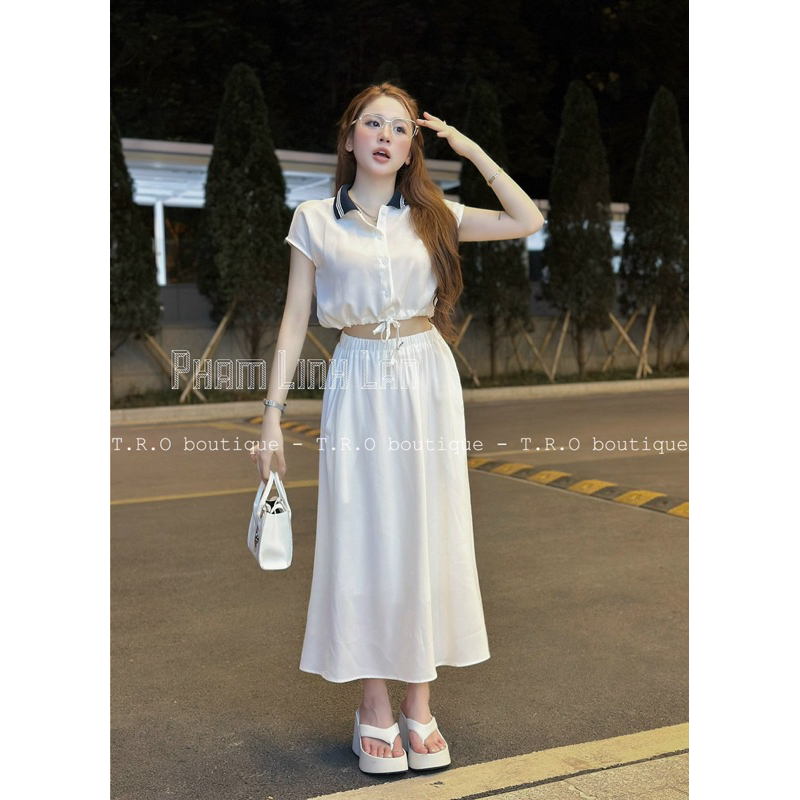 Set Váy Pha Cổ Cooline Rút Eo L1