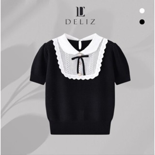 Áo kiểu nữ tiểu thư tay ngắn phối cổ ren trắng đính nơ chất len tổ ong phong cách pháp hàng thiết kế DELIZ cao cấp