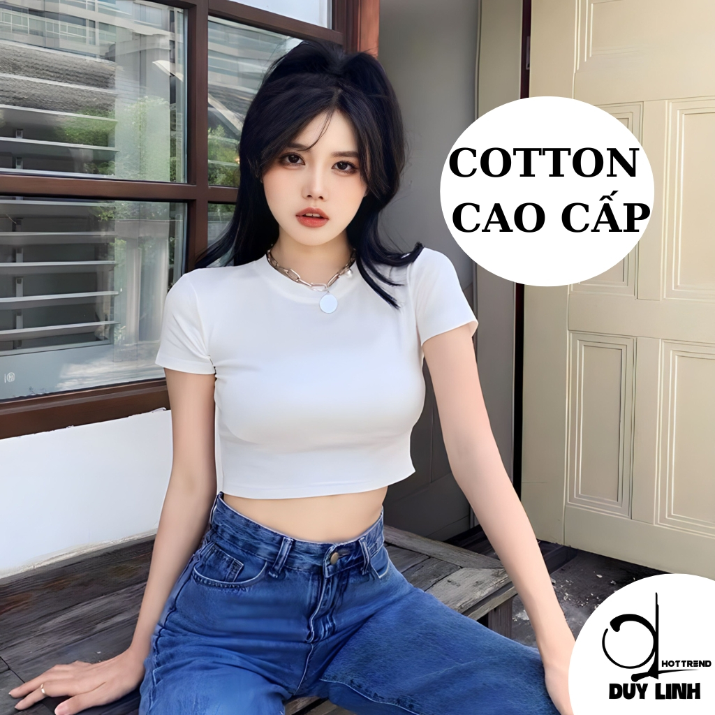 Áo croptop ngắn tay cổ tròn trơn vải cotton cao cấp Duy Linh áo thun nữ ôm body tôn dáng vải dày DL38A