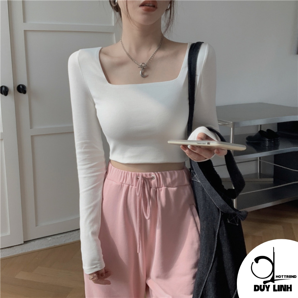 Áo croptop dài tay cổ vuông trơn Duy Linh áo thun nữ hở eo ôm body tôn dáng vải mềm mịn mát DL06TD