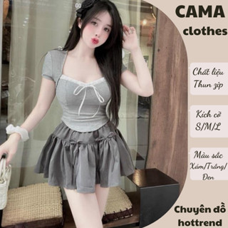 Set đồ nữ áo thun zip tay ngắn ren ngực kèm chân váy nơ Cama Clothes, đồ bộ nữ ba màu phong cách nhẹ nhàng HCOM2459