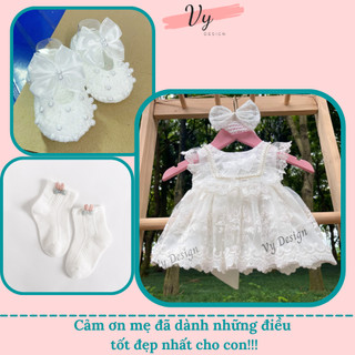 Set Váy Bé Gái Sơ Sinh Thiết Kế Kèm Phụ Kiện. Váy Hè Cho Bé Gái Màu Trắng . Đầm Đầy Tháng, Váy Sơ Sinh