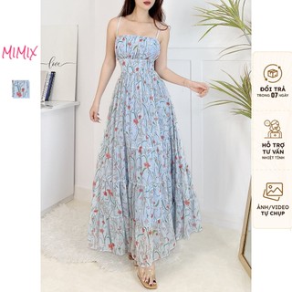 Đầm maxi MIMIX 2 dây tầng có mút ngực họa tiết in hoa BW7235