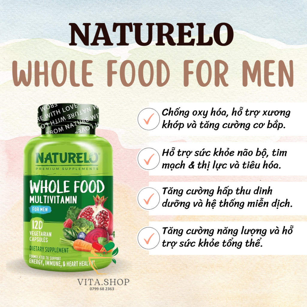 Viên bổ sung Vitamin tổng hợp toàn phần cho nam giới NATURELO Whole Food Multivitamin For Men 120v