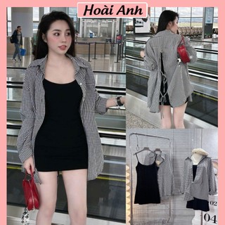 Set Váy Đầm Nữ 2 Dây Body Đen Cotton Zip Kèm Áo Sơ Mi Kẻ Caro Đen Trắng Thô Đũi Buộc Nơ Lưng Freesize