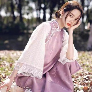 Đầm cổ tàu lụa hoạ tiết dáng suông tay phối voan lông