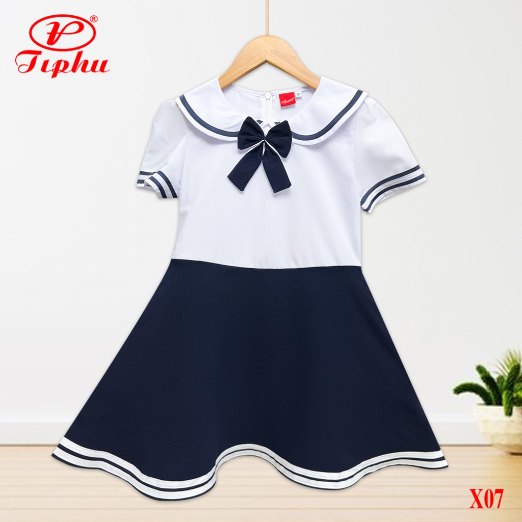 Đầm học sinh cấp 1, cổ viền lính thủy dễ thương, đồng phục bé gái tay phồng, dây cột nơ phía sau, có size lớn đến 60kg