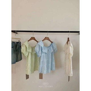 [ Room90 ] Áo somi suông bẹt vai ngắn tay xếp tầng 88668