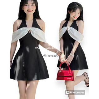 ĐẦM ĐEN CỔ YẾM PHỐI VAI TRẮNG XOÈ