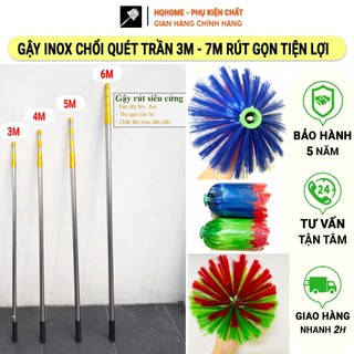 Gậy Thép Chống Gỉ Kèm Chổi Quét Trần Nhà Kéo Dài 3m-7m, Quét Mạng Nhện Đầu Gai Cán Tăng Đơ Inox Cao Cấp Có Thể Rút Gọn