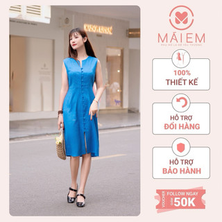 Đầm Linen thiết kế cổ hở tạo điểm nhấn kèm cúc bọc nhẹ nhàng, tinh tế Mái Em_GVTVOX3213L