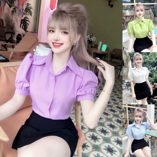 Áo sơ mi nữ tay ngắn cổ nhọn giấu nút nhiều màu