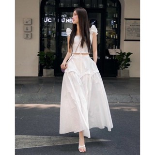 Set Áo Croptop Tay Bồng Cột Dây Corset Viền Ren Mix Chân Váy Midi Dài Màu Trắng Mùa Hè JOULEA.DRESS