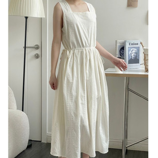 Váy sát nách nữ thêu hoa nổi cổ vuông rút eo dáng rộng,Đầm maxi nữ chất vải linen mềm style Hàn Quốc V6240621 