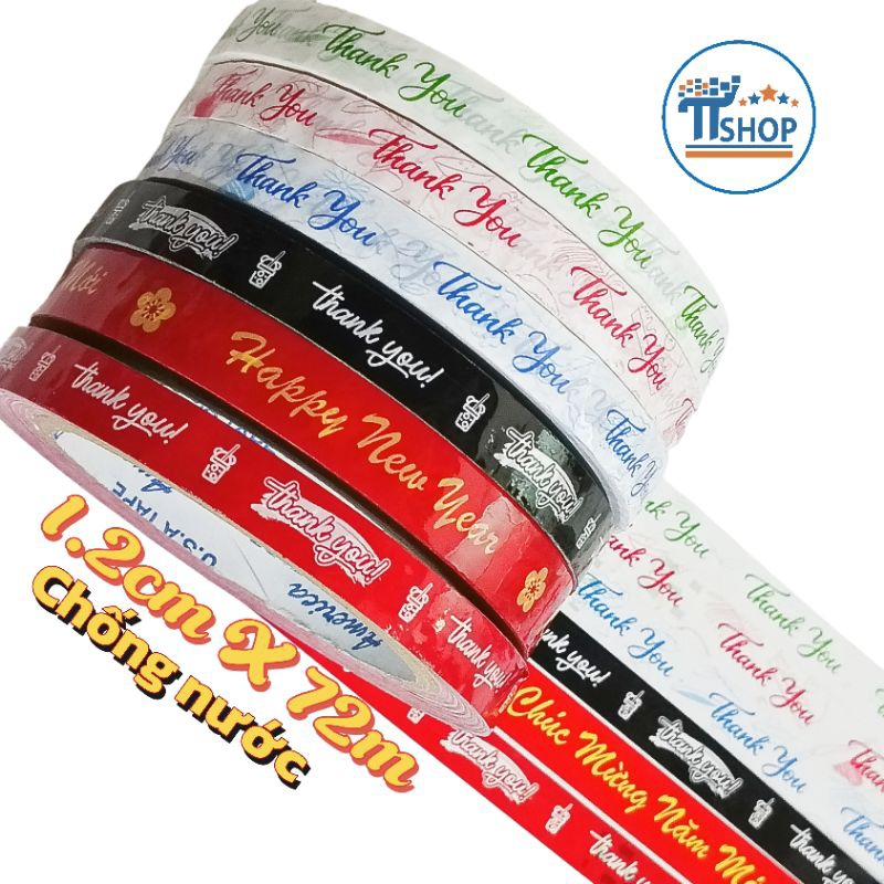 Băng keo dán nắp cốc THANK YOU, 1,2cmx72m chống nước, dùng đóng gói quà tặng - Nhận in theo yêu cầu