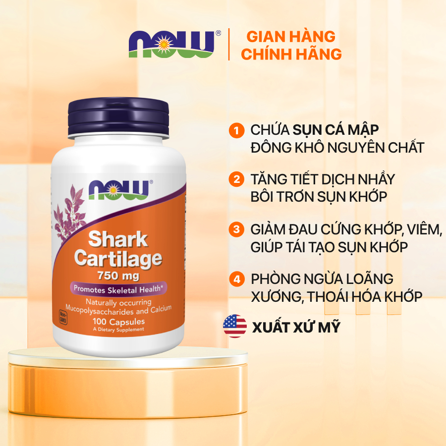 Viên sụn vi cá mập của Mỹ Now Shark Cartilage (100 viên) hỗ trợ xương, sụn khớp chắc khỏe