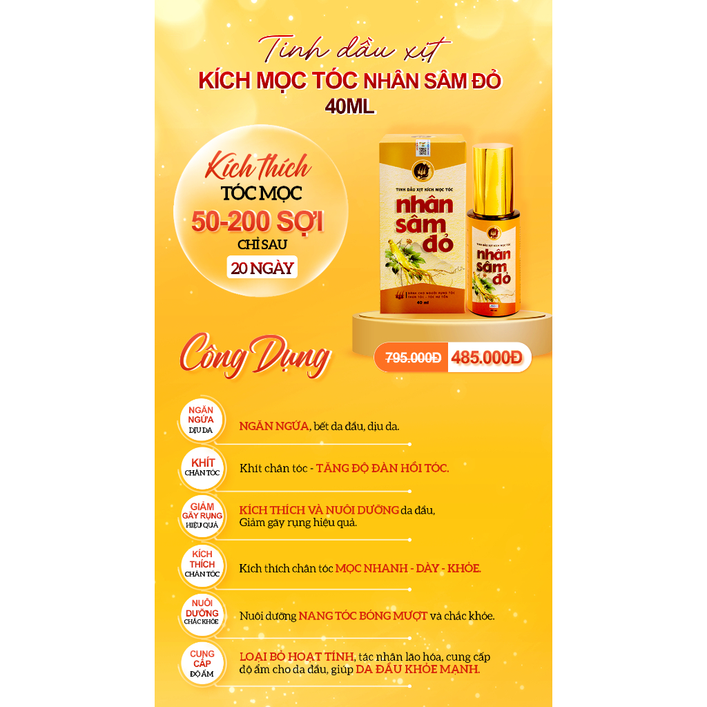 Tinh Dầu Xịt Tóc Nhân Sâm Đỏ Hỗ Trợ Mọc Tóc, Giảm Rụng, Dưỡng Tóc Suông Mềm Mượt 40ml