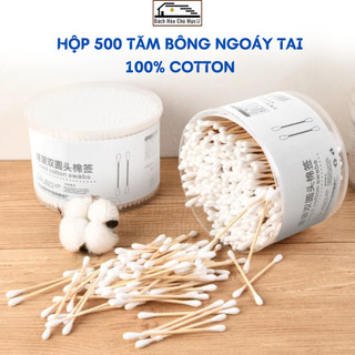 Hộp 500 Cái Tăm Bông Ngoáy Tai Người Lớn Thân Gỗ 2 Đầu Vệ Sinh Tai Đa Năng An Toàn 100% Tự Nhiên