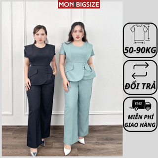 Set đồ bộ bigsize nữ dự tiệc đi chơi kiểu cổ tròn nút bọc chất tuyết mưa MON big size 50 - 90kg