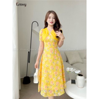 Váy nữ công sở dáng dài họa tiết hoa phối cổ bèo cao cấp Emvy Fashion K140