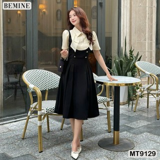 Đầm thiết kế giả yếm cổ phối đính nơ dáng xếp ly BEMINE MT9129