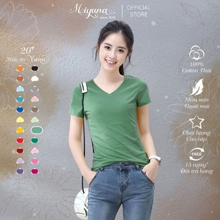 Áo thun trơn nữ, áo cổ tim màu xanh đậu miyuna , chất vải thun thái xịn đẹp mịn mát