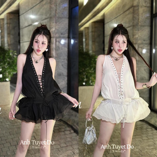 Váy tơ cổ yếm đan dây dáng xoè, hàng thiết kế