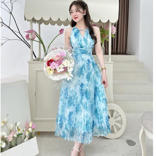 Váy tơ hoa nơ lưng v2224 kymie