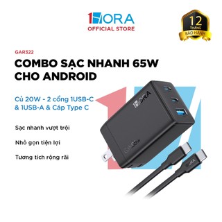 Bộ Sạc Nhanh 1HORA Củ 65W - 3 cổng 2USB-C & 1USB-A - Cáp Type C Dài 2m - GAR322
