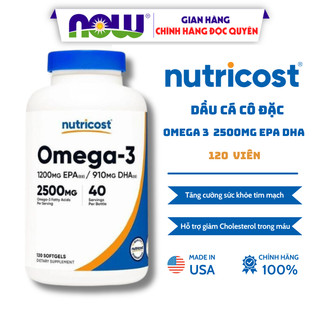 Dầu cá cô đặc Omega 3 2500mg EPA DHA của Mỹ, bổ mắt, trí não, tim mạch, đẹp da Nutricost 120 viên