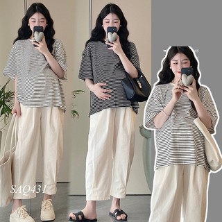 Set bộ bầu áo thun kẻ quần thô baggy saq431