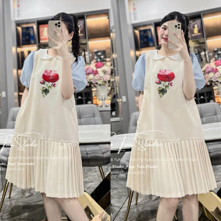 Váy xuông thiết kế NH Clothing mềm mại ngực hoa hồng phối tay sơmi xanh