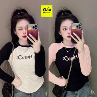 Áo thun nữ Tay Dài PHOM ÔM baby tee phối màu chữ ( TD HELLO)