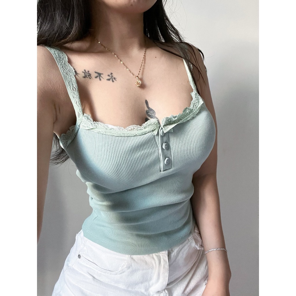 Amiclothes2_ Áo Hai Dây Phối Ren Nút Khoá Form Ôm Body Có Mút kiểu dáng basic dễ phối đồ chất thun gân tăm dày dặn | BigBuy360 - bigbuy360.vn