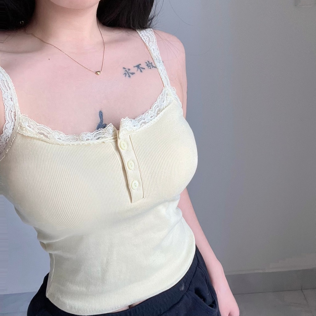 Amiclothes2_ Áo Hai Dây Phối Ren Nút Khoá Form Ôm Body Có Mút kiểu dáng basic dễ phối đồ chất thun gân tăm dày dặn | BigBuy360 - bigbuy360.vn