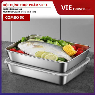 COMBO 5 Hộp Đựng Thực Phẩm Size L Kèm Nắp Đậy - Hộp Đựng Thức Ăn Chất Liệu Inox 304 An Toàn Kích Thước 22,8*15,3*5,9cm